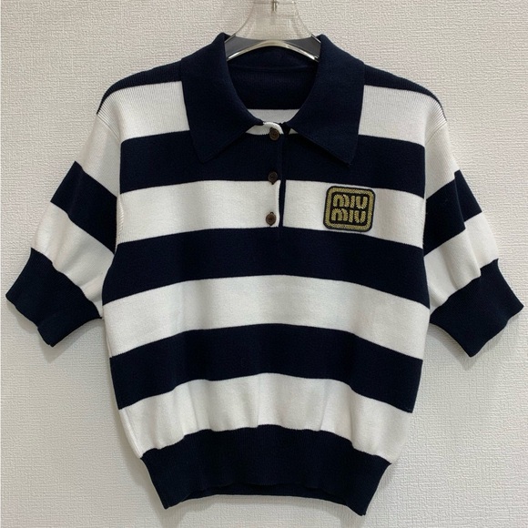 Miu Miu Black and White Striped Polo Sweater - Picture 1 of 8